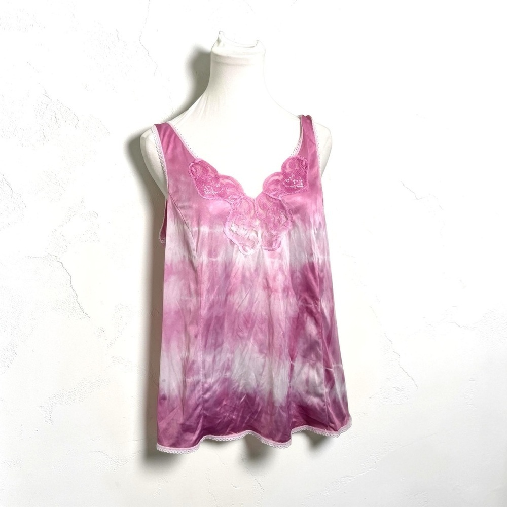 Vintage Hand Dyed Nylon Lace Cami Pink Tie Dye Fairycore Y2K Top XL